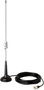 Black antenna with cord and small antenna, perfect for boosting signal reception in electronic devices.