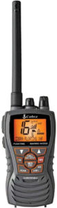 An image of Cobra MR HH350 FLT Handheld Floating VHF Radio - 6 Watt, Submersible, Noise Cancelling Mic, Backlit LCD Display, NOAA Weather, and Memory Scan, Grey